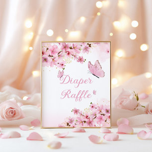 Poster Fralda Raffle chá de fraldas de borboleta rosa