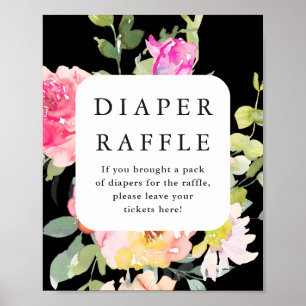 Poster Fralda Raffle Chá de fraldas Floral Preto