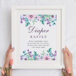 Poster Fralda Raffle. Jogo de chá de fraldas floral roxo