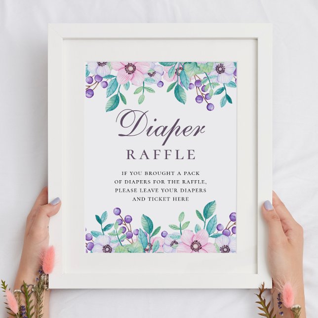 Poster Fralda Raffle. Jogo de chá de fraldas floral roxo (Criador carregado)