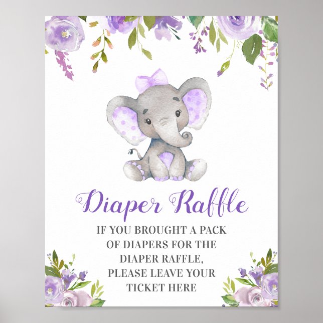 Poster Fralda Raffle Purple Elephant Baby Chá (Frente)