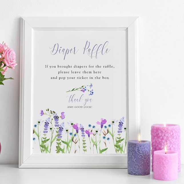 Poster Fralda Raffle Roxo Chá de fraldas de flor selvagem (Baby Shower Diaper Raffle sign from my Purple Wildflower Collection. Order printed or as a printable)
