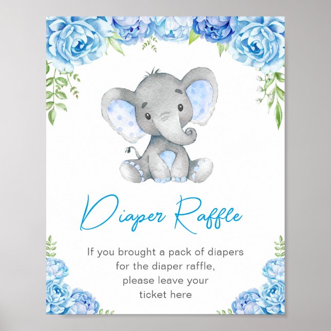 Poster Fralda Raffle Sinal Blue Elephant Baby Boy Chá (Frente)