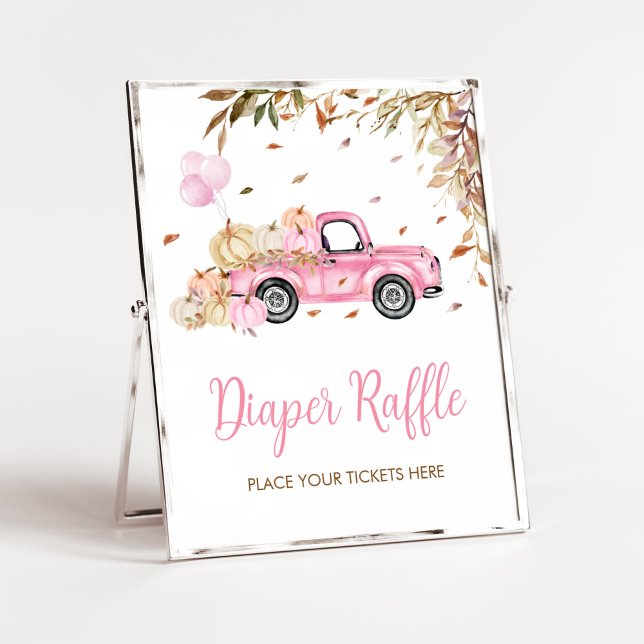Poster Fralda Rosa Pumpkin Chá de fraldas Raffle (Little Pumpkin Pink Truck Baby Shower Diaper Raffle Sign)