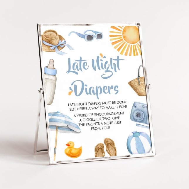 Poster Fraldas Noturnas Chá de fraldas de abertura azul (Boy Summer Beach Baby Shower Late Night Diapers Sign)