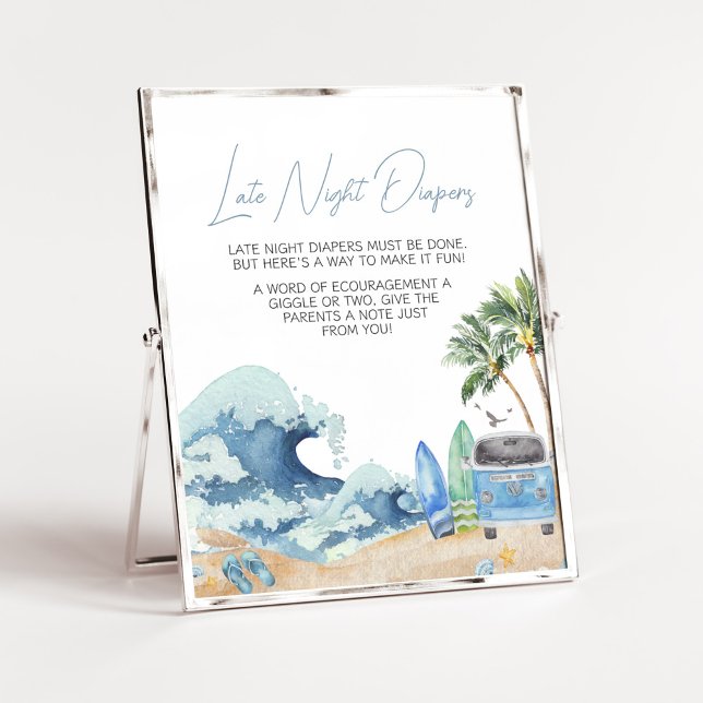 Poster Fraldas Noturnas com Chá de fraldas de praia surf  (Surfing Summer Baby Shower Late Night Diapers Sign)
