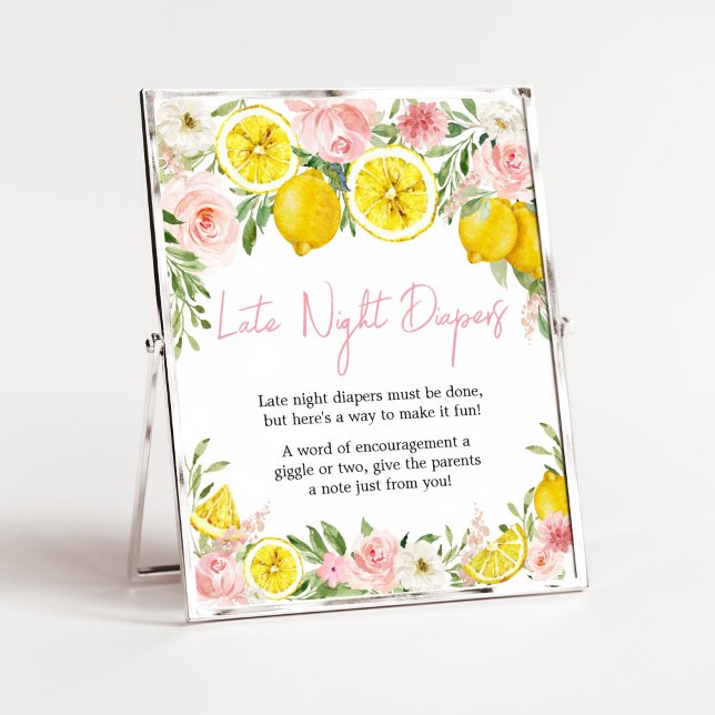 Poster Fraldas Noturnas com Limão Floral Rosa (Summer Lemon Citrus Baby Shower Late Night Diapers Sign)