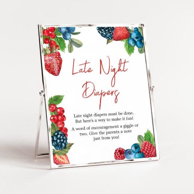 Poster Fraldas Noturnas de Chá de fraldas Berry Sweet (Red and Blue Berries Baby Shower Late Night Diapers Sign)