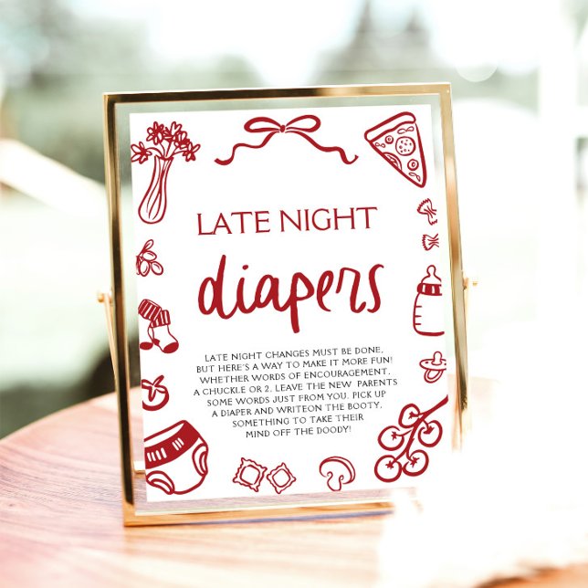 Poster Fraldas Noturnas de Chuveiro de Bebê Italiano Dese (Hand Drawn Italian Baby Shower Late Night Diapers Sign)