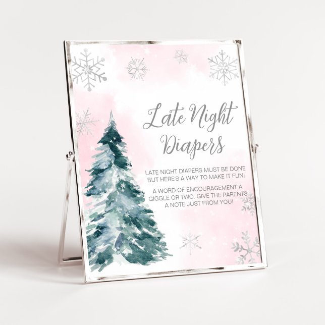 Poster Fraldas Noturnas de inverno Tarde Frio Fria Fora d (Pink Silver Pine Tree Baby Shower Late Night Diapers Sign)