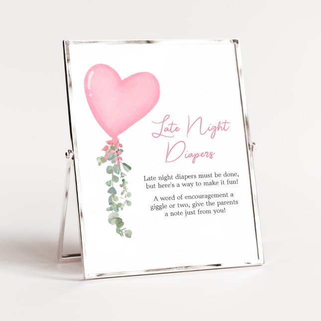 Poster Fraldas Noturnas de Namorados Rosa (A Little Sweetheart Balloon Baby Shower Late Night Diaper Sign)