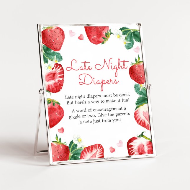 Poster Fraldas Noturnas Doces de Morango (A Berry Sweet Strawberry Baby Shower Late Night Diapers Sign)