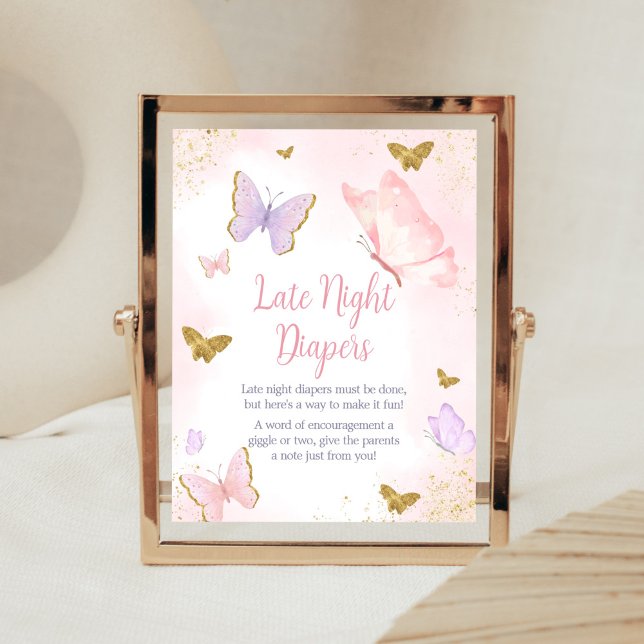 Poster Fraldas Noturnas Douradas de Borboleta Rosa Primav (Purple Gold Butterfly Baby Shower Late Night Diapers Sign)