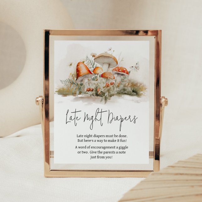 Poster Fraldas Noturnas Encantadas de Cogumelos (Enchanted Mushroom Baby Shower Late Night Diapers Sign)