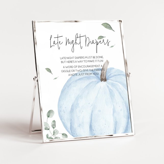 Poster Fraldas Noturnas Mínimas Azul (Watercolor Pumpkin Baby Shower Late Night Diapers Sign)