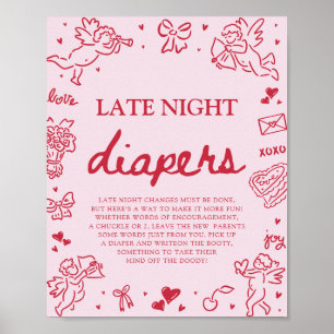 Poster Fraldas Noturnas para Chás de Bebê Rosa Vermelho n