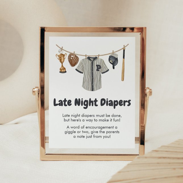 Poster Fraldas Noturnas Tardias (Baseball Little Slugger Clothesline Baby Shower Late Night Diapers Sign)