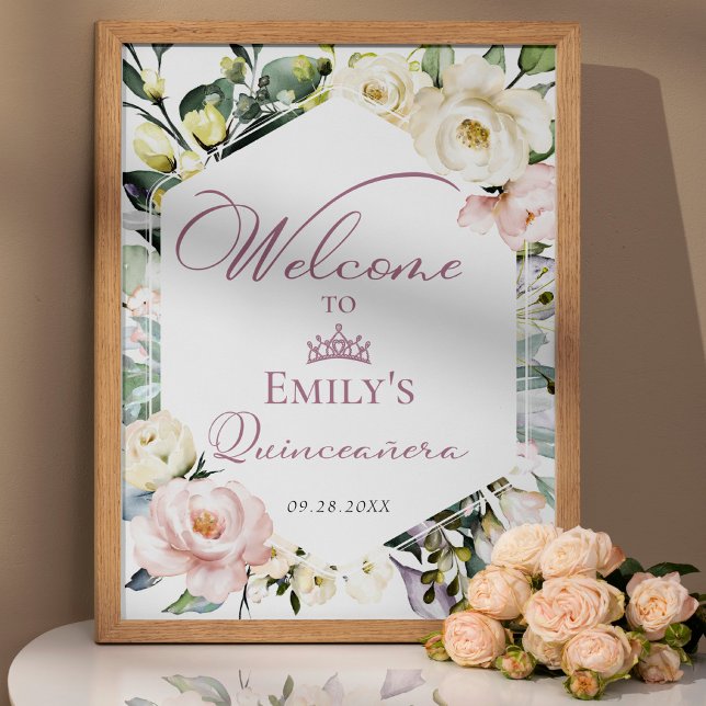 Poster Frame Floral Greenery Quinceañera Sinal de Boas-vi (Criador carregado)