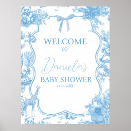 Poster Francês Azul Branco Toile de Jouy Bear Baby Welcom