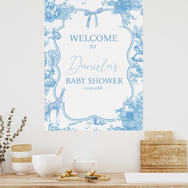 Poster Francês Azul Branco Toile de Jouy Bear Baby Welcom (Cozinha)