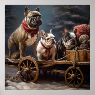 Poster Francês Bulldog Snowy Sleigh Decência de Natal