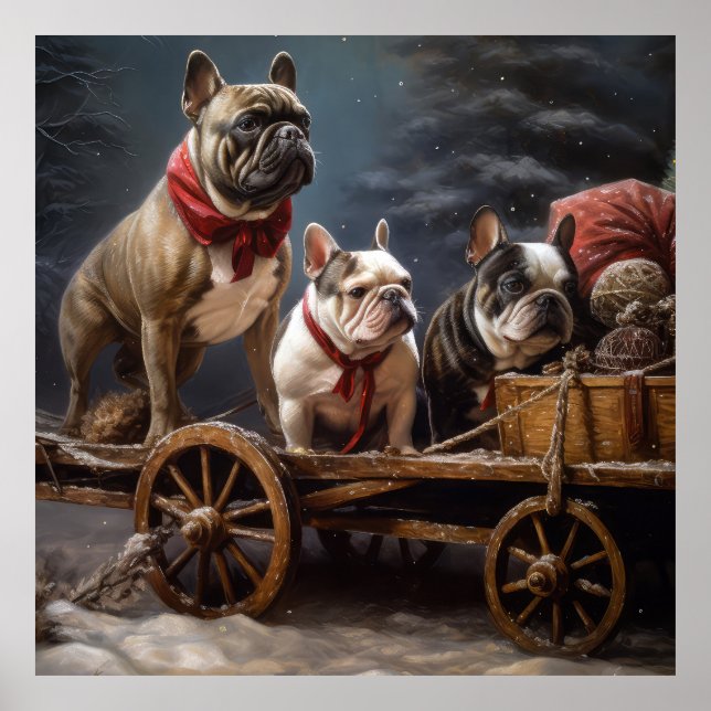 Poster Francês Bulldog Snowy Sleigh Decência de Natal (Frente)