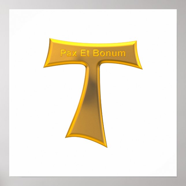 Poster Franciscan Tau Cross Pax Et Bonum Dourado Metálico (Frente)