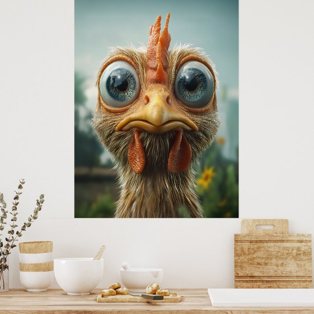Poster Frango Engraçado de Olhos Grandes Close-Up (Cozinha)