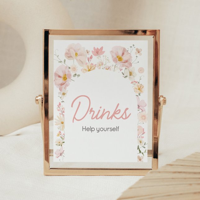 Poster Frangos de flor selvagem em bebidas com Chá de fra (Boho Arch Wildflower Baby in Bloom Baby Shower Drinks Sign)