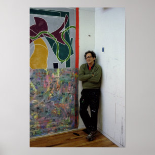Pôster Frank Stella ao lado de um de seu trabalha