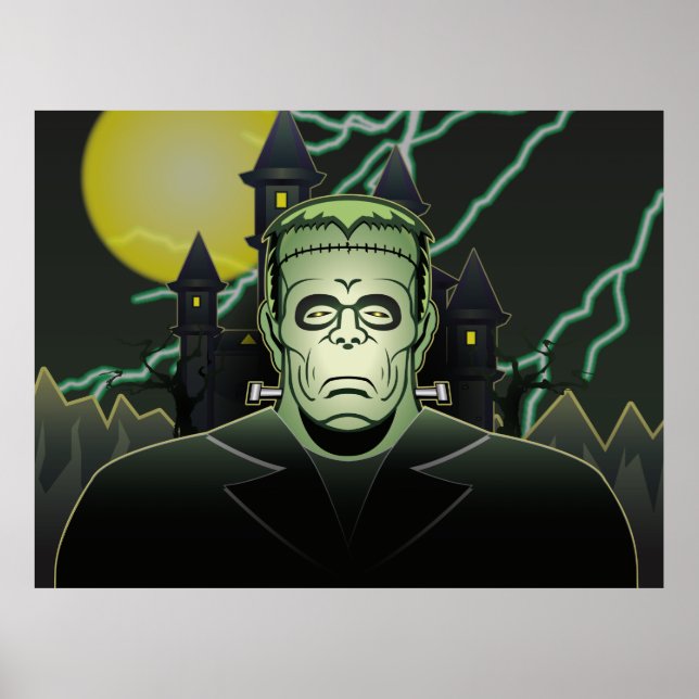 Poster Frankenstein Monster Halloween Castle Lightning (Frente)