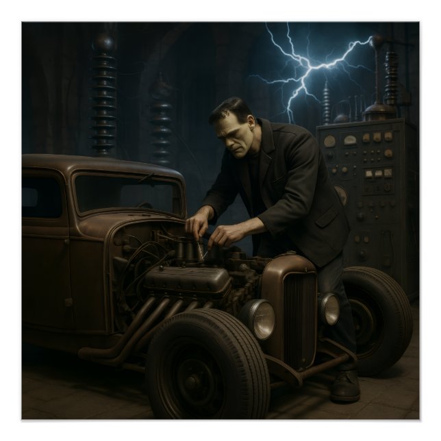 Pôster Frankenstein Trabalhando no Hot Rod (Frente)