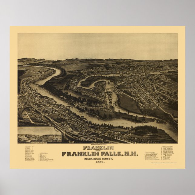 Pôster Franklin, Mapa Panorâmico NH - 1884 (Frente)