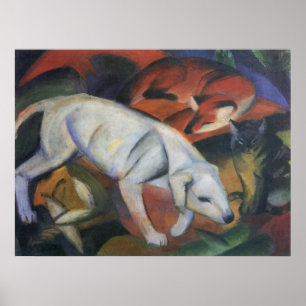 Pôster Franz Marc - três óleo do gato da raposa de cão