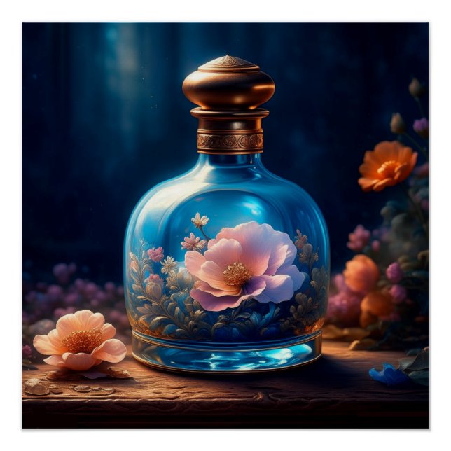 Pôster Frasco de Perfume Azul Floral (Frente)