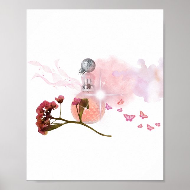 Poster Frasco de Perfume Rosa Elegante & Flores Estética  (Frente)