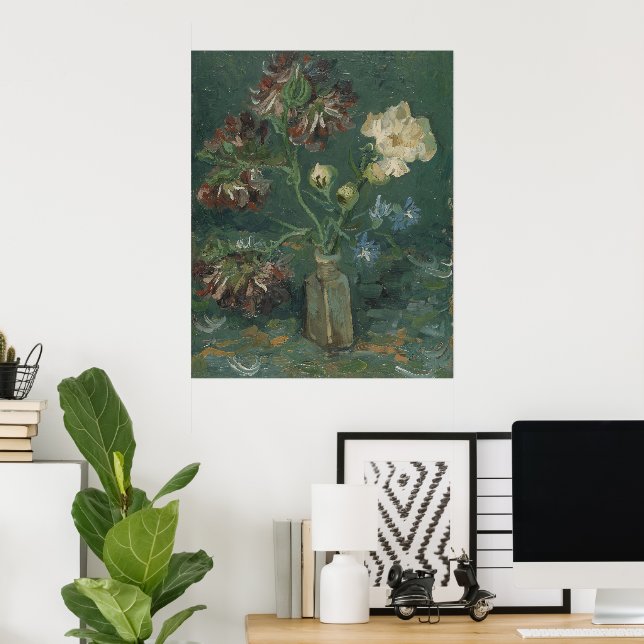 Poster Frasco de Van Gogh com legumes e delfinitos azuis (Escritório em casa)