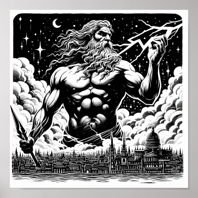 Poster Frath Of Zeus ink Illustration Grega mythology art (Frente)