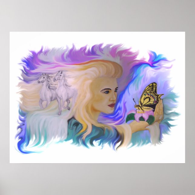 Pôster Frau mit Pferd und Schmetterling em mãos (Frente)
