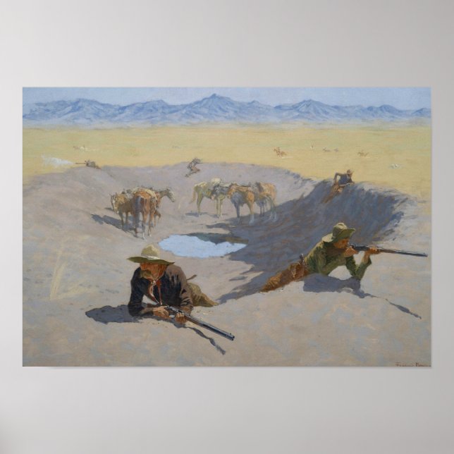 Pôster Frederic Remington - Luta pela Waterhole (Frente)