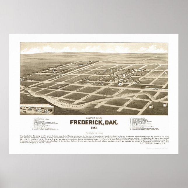 Poster Frederick, SD Mapa Panorâmico - 1883 (Frente)