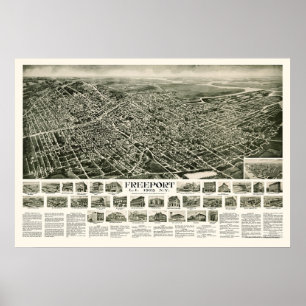 Pôster Freeport, NY Panorâmica Map - 1925