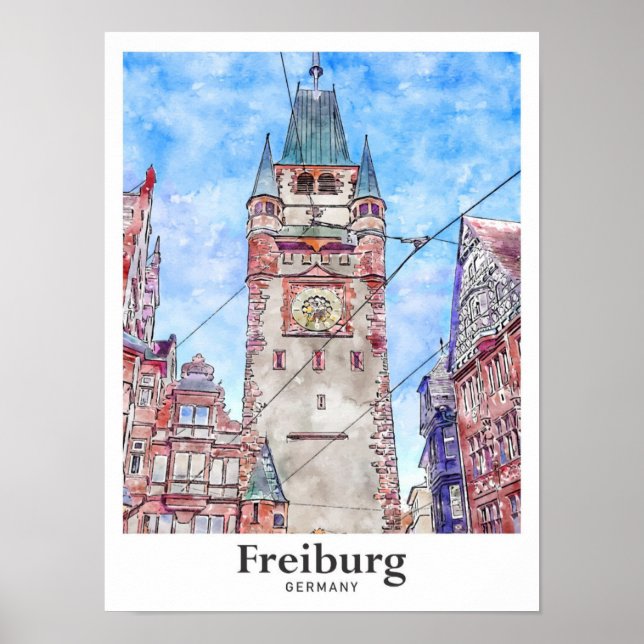 Poster Freiburg Germany Viagem Watercolor Hand Drawn (Frente)