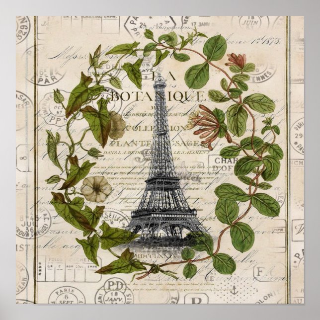 Poster french botanical ivy leaves  paris eiffel tower (Frente)
