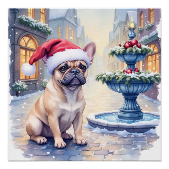 Pôster French Bulldog Snowy Town Fountain Santa Christmas (Frente)