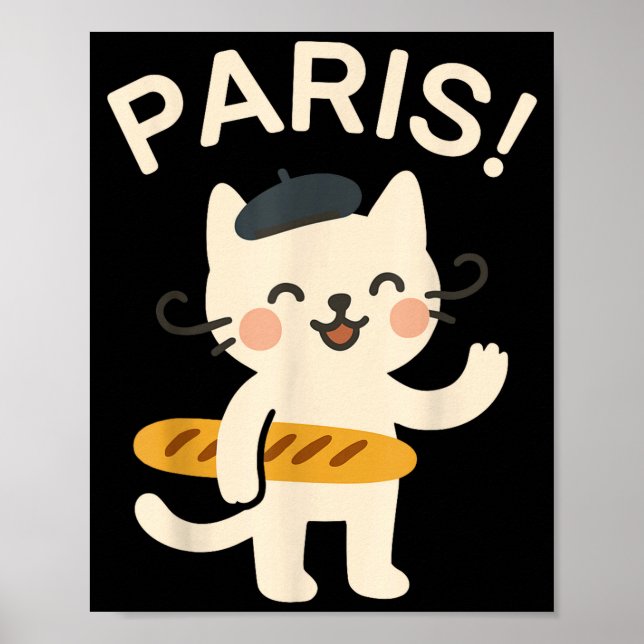 Poster French Cat With Baguette Cute Cat Paris Funny Anim (Frente)