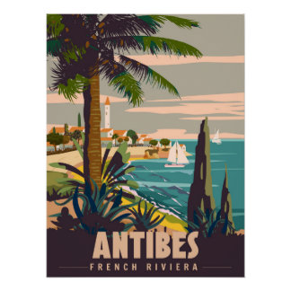 Pôster French Riviera Antibes Retro Poster. Tropical coas