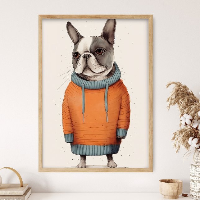 Poster Frenchie com Suéter Laranja, Decoração de Cachorro (Criador carregado)