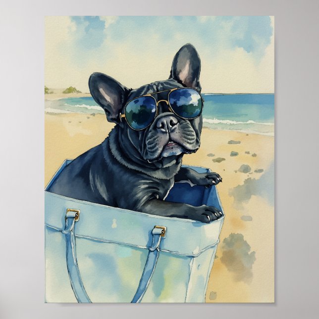 Poster Frenchie na Praia Aquarela (Frente)