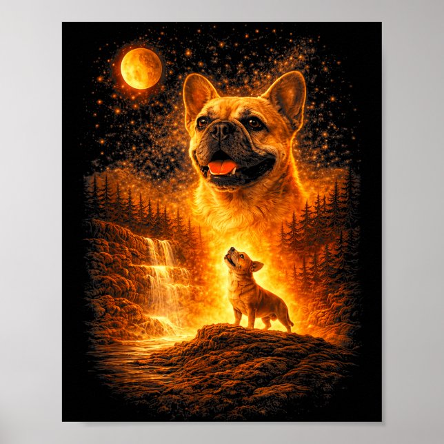 Poster Frenchie uivando para a lua cachorro místico vinta (Frente)